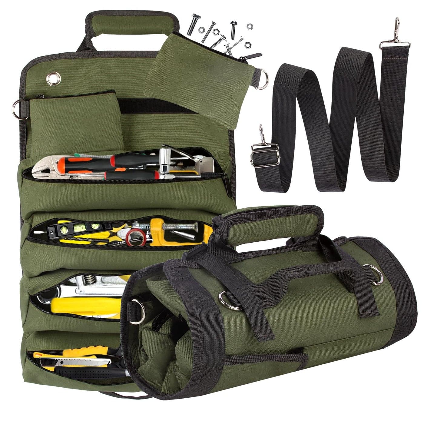 Tool Bag Roll Up Gifts for Men Heavy Duty Bag Tool Organizers Portable Tool Storage Box with 2 Detachable Zipper Pouch Compact Carrier Bag for Electrician Mechanic Father Day Gifts Green