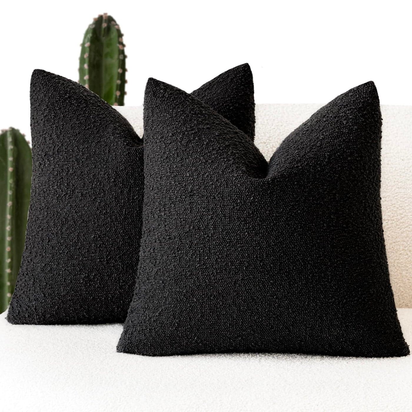 Foindtower Set of 2 Decorative Textured Boucle Throw Pillow Covers Accent Solid Pillow Cases Neutral Soft Cozy Couch Cushion Case for Chair Sofa Bedroom Living Room Home Decor 18 x 18 Inch Black