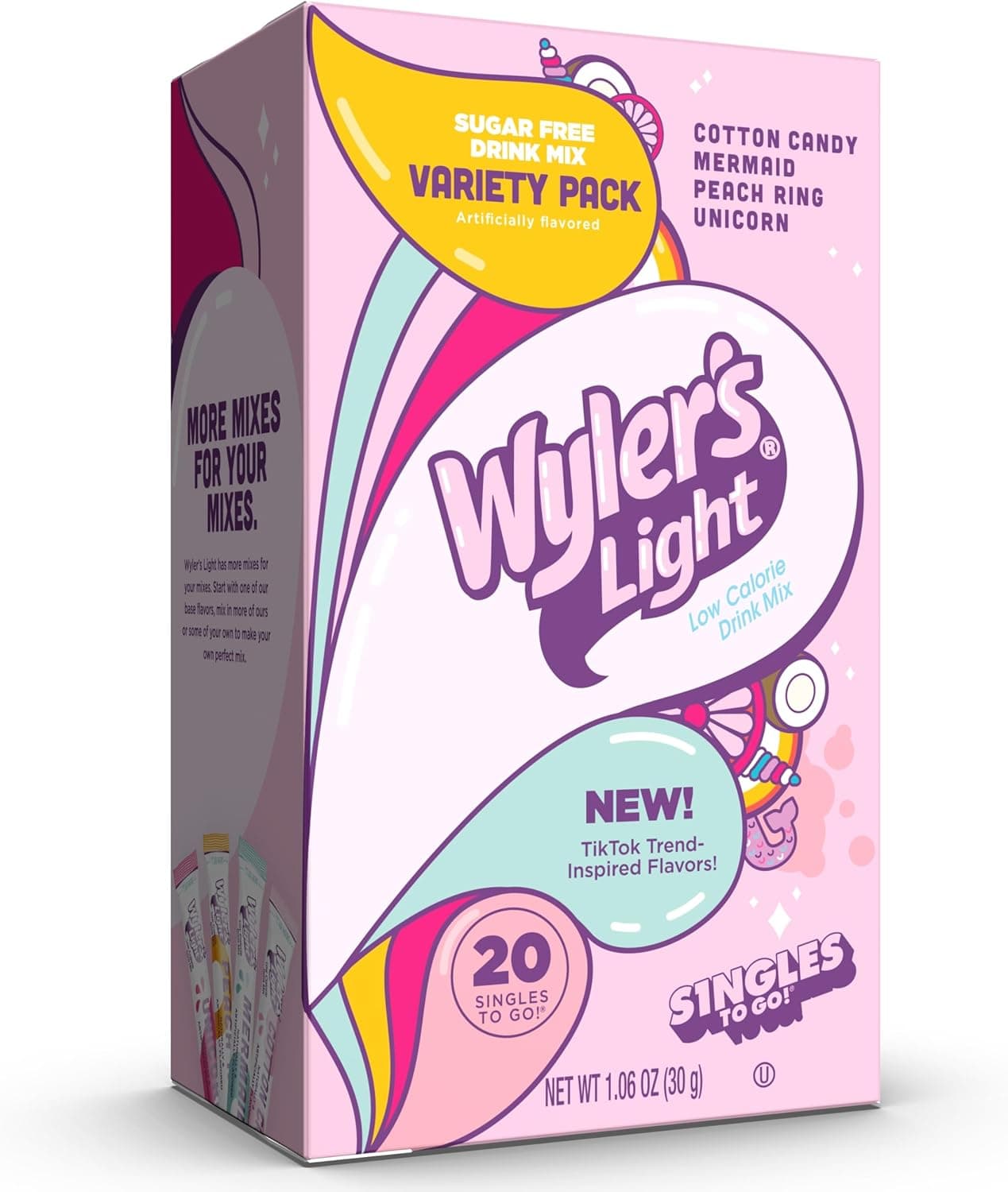 Wyler's Light Singles to Go Variety Pack - Sugar Free Water Drink Mix with Cotton Candy, Mermaid, Peach Ring, and Unicorn Flavors - 20 Packets