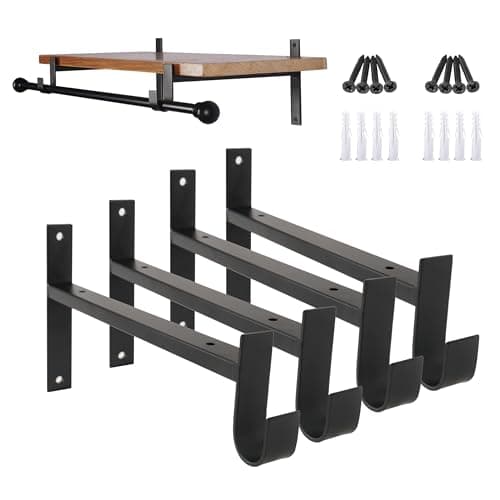 AddGrace Closet Rod Bracket Heavy Duty Shelf Brackets 6 Inch Black Wall Mounted Closet Rod Support with Pole Holder Industrial Iron Shelving Supports with Hook 4 Pack