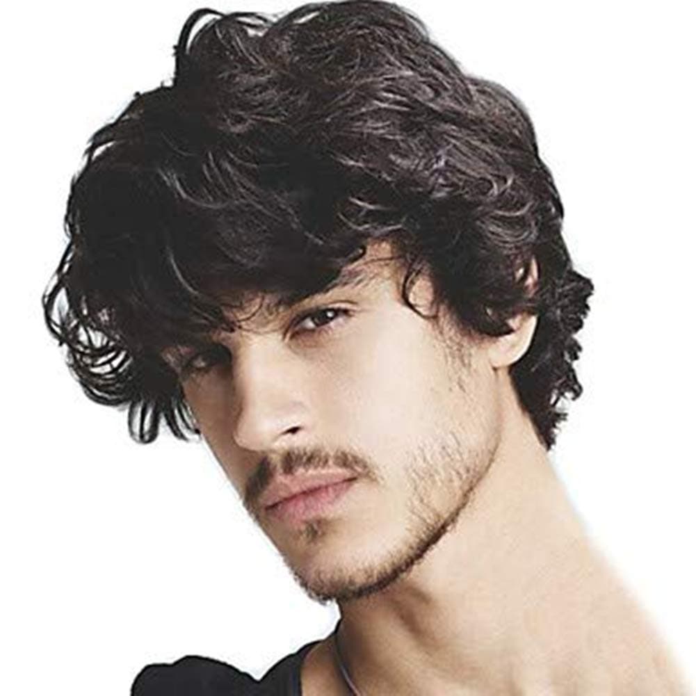 Kaneles Mens Short Curly Black Wig with Bang Costume Halloween Cosplay Party Natural Hair Wig