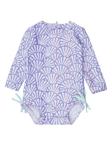 RuffleButts Baby Girls UPF 50 Sun Protection Novelty Print Long Sleeve One Piece Rash Guard Swimsuit with Zipper Magical Mermaid 1218m