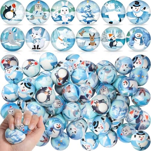 Liliful 60 Pcs Winter Stress Balls Bulk Holiday Party Favor Gifts 12 Cute Patterns Snowman Penguin Polar Bear Sensory Anxiety Relief Bag Fillers Stocking Stuffers