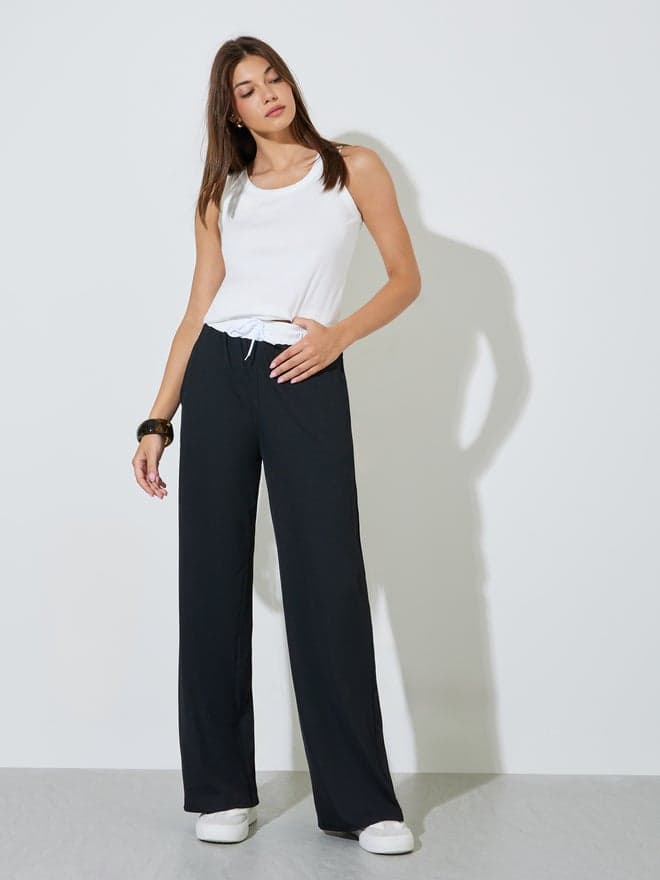 Styli Black Contrast Waistband Wide Leg Pants