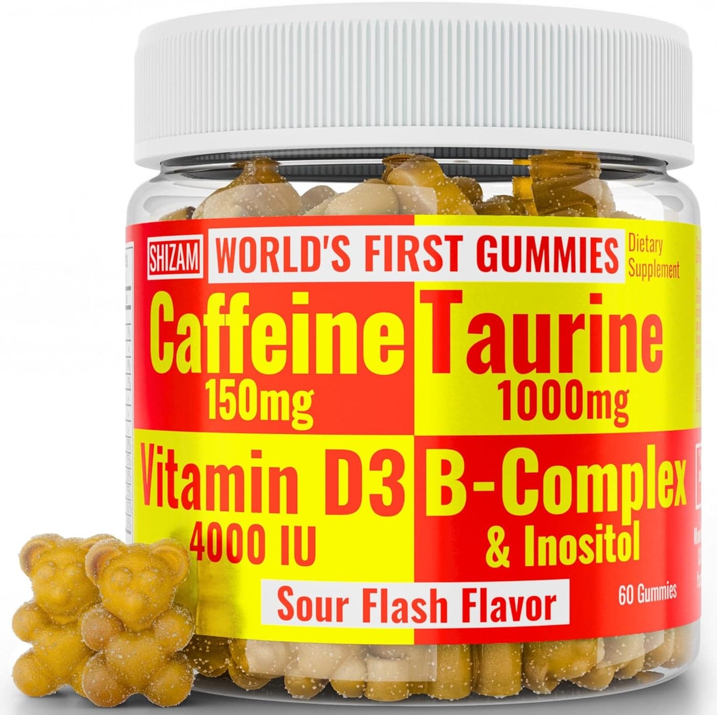 SHIZAM Taurine 1000mg Caffeine 150mg Energy Gummies w D3 B12 B Complex Inositol Gel Gels Vitamins Vitamin Drinks Capsules Drink Shot Chews Pills Powder Alt Running Runners Supplement Supplements