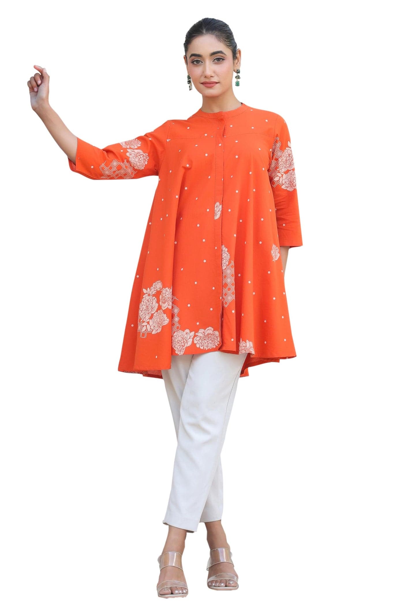 Janasya Women's Orange Pure Cotton Floral Printed Flared Tunic (JNE4206-TU-RE-XS)