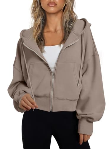 Trendy Queen Hoodies for Women Full Zip Up Cropped Sweatshirts Jackets Casual Comfy Gym Tops Fall Outfits Winter Clothes 2025 Cute Y2k Fleece Sweaters Teen Girls Pullover CoffeGrey S