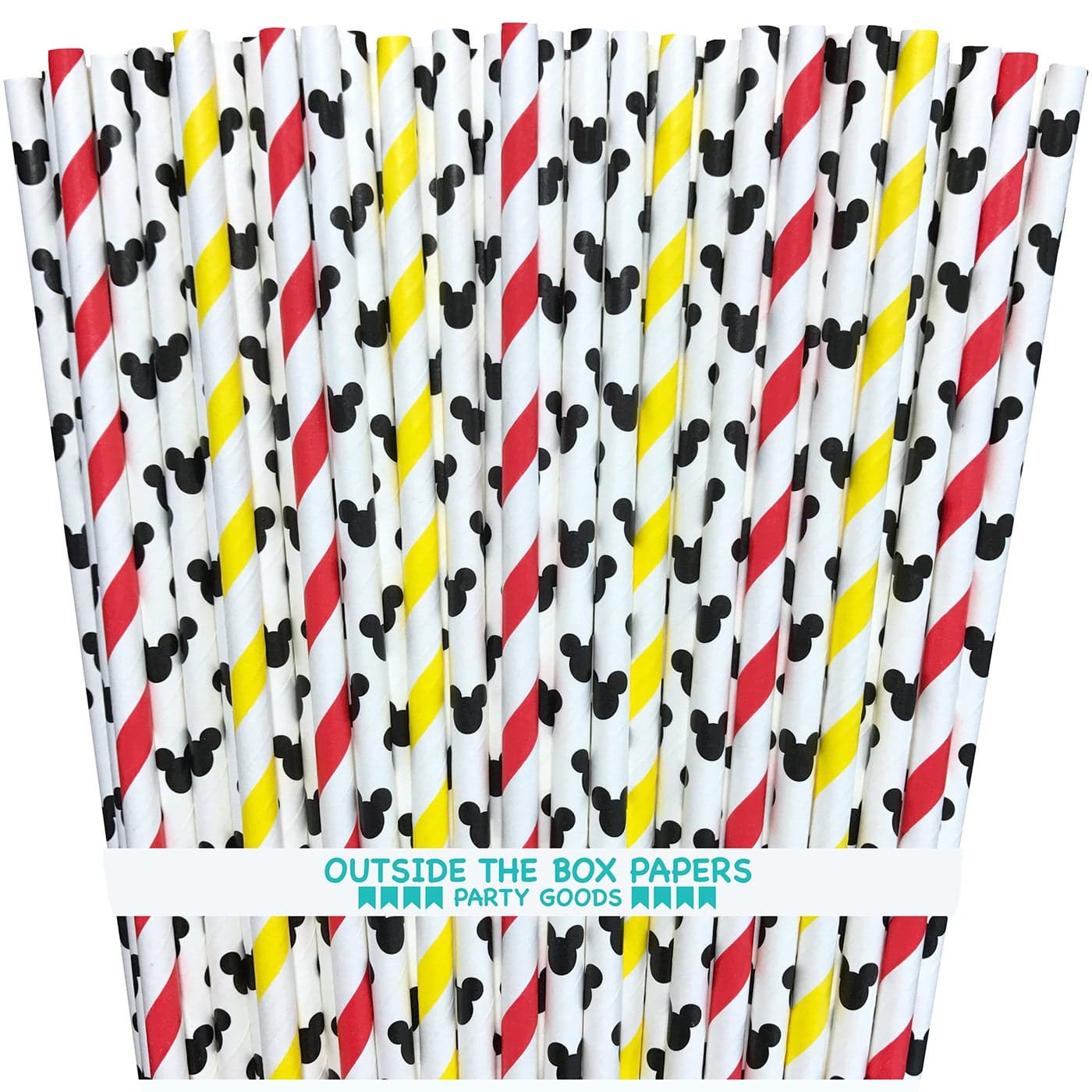Mickey Mouse Inspired and Stripe Paper Straws Red Black Yellow White 100 Pack Outside the Box Papers Brand
