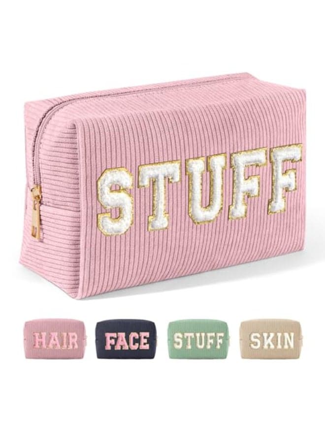 MAGEFY Corduroy Makeup Bag Small Makeup Bag for Purse with Compartments Cute Makeup Pouch Cosmetic Bag for Women Friends Preppy Gifts Pink STUFF