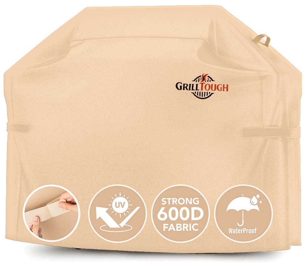 GrillTough Heavy Duty BBQ Grill Cover for Outdoor Grill, 58 Inch – Waterproof, Weather Resistant, UV & Fade Resistant with Adjustable Straps – Gas Grill Cover for Weber, Genesis, Charbroil, etc. Tan