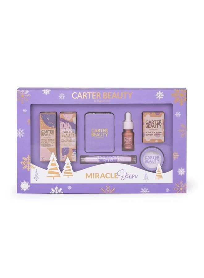 Miracle Skin - Makeup For A More Radiant Effect - Perfect For An On The Go Face Look - Includes Foundation, Illuminator, Contour Stick, Setting Powder - Sticky Toffee - 7 Pc Gift Set