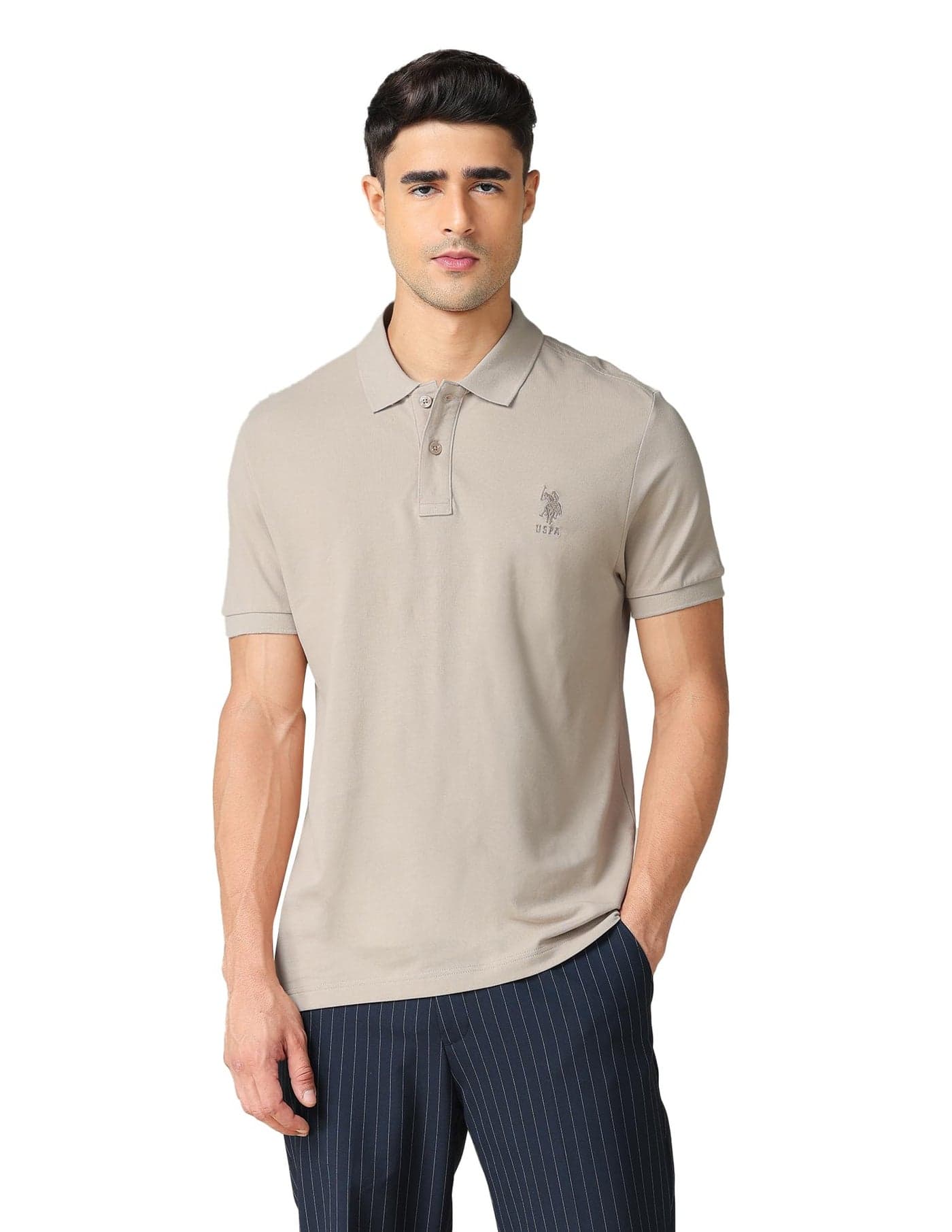U.S. POLO ASSN. Denim Co. Men's Muscle Fit Typographic Printed Polo Shirt (UDTSHOE0174_Beige_L)