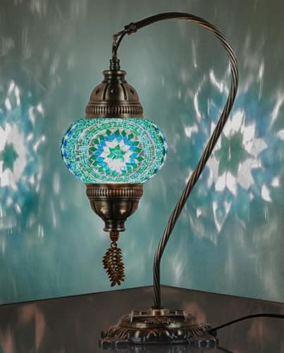 DEMMEX Turkish Moroccan Mosaic Table Lamp Handcrafted TiffanyStyle Colorful Glass Swan Neck Bedside Desk Table Light Boho Artisan Accent Lighting for Bedroom or Living Room 15 H Turquoise