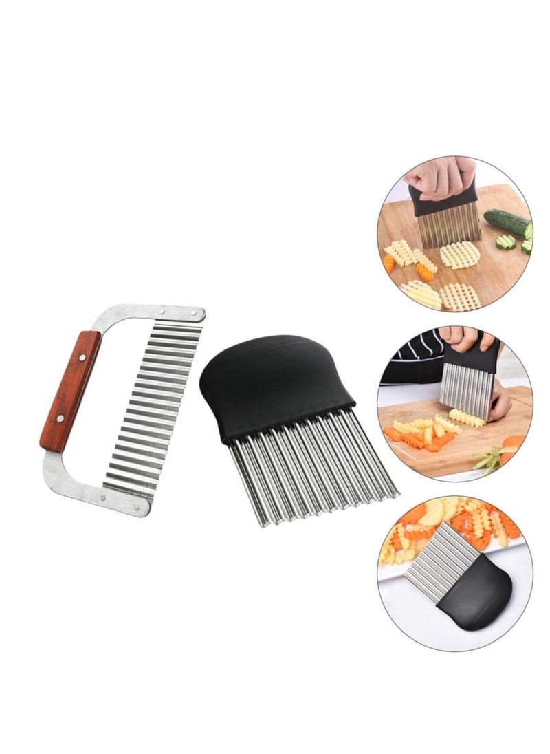 2pcs Crinkle Cutters Wavy Chopper Cutters Stainless Steel Potato Fruit Vegetable Crinkle Cutters and French Fry Slicer Onion Holder Slicer Cutter Choppers