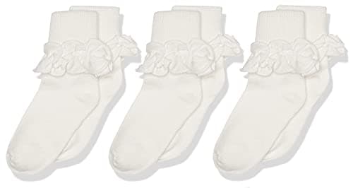 Jefferies Socks Girl's Misty Ruffle Turn Cuff Socks 3 Pair Pack, Ivory, Small (2143)