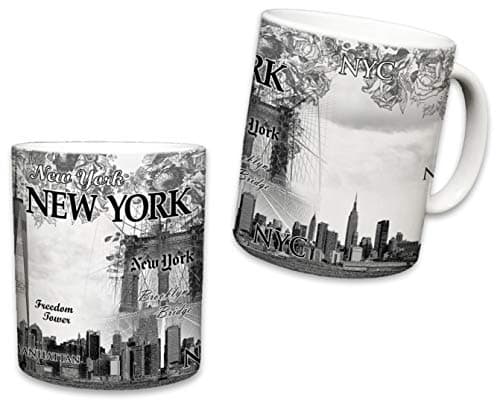 Sweet Gisele | New York City Mugs | Ceramic NYC Mug | Downtown Manhattan Skyline Coffee Cup | Empire State Building, Statue of Liberty, Brooklyn Bridge | Great Novelty Gift | 11 Fl. Oz (Beige)