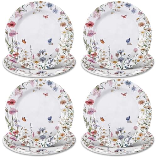 Qinyoung 8 Pcs Salad Plates Spring Dinner Plates Plastic Dishes Summer Dinnerware for Wedding Baby Shower Birthday Party Supplies Table Decorations(8",Wildflower)