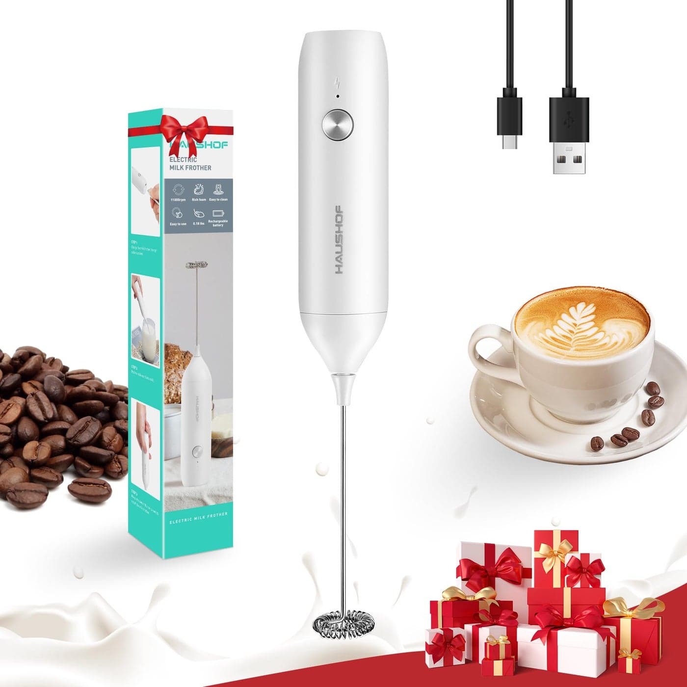 HAUSHOF Powerful Rechargeable Milk Frother Wand Handheld Electric Foam Maker Drink Mixer with Detachable Stainless Steel Whisk for Coffee Latte Cappuccino Matcha No Stand White