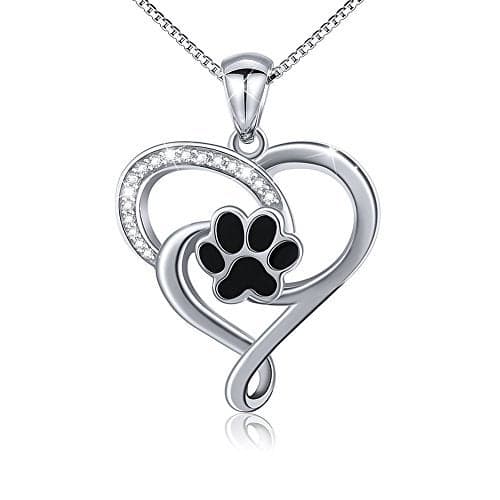 Ladytree S925 Sterling Silver Puppy Dog Cat Pet Paw Print Love Heart Pendant Necklace 18"
