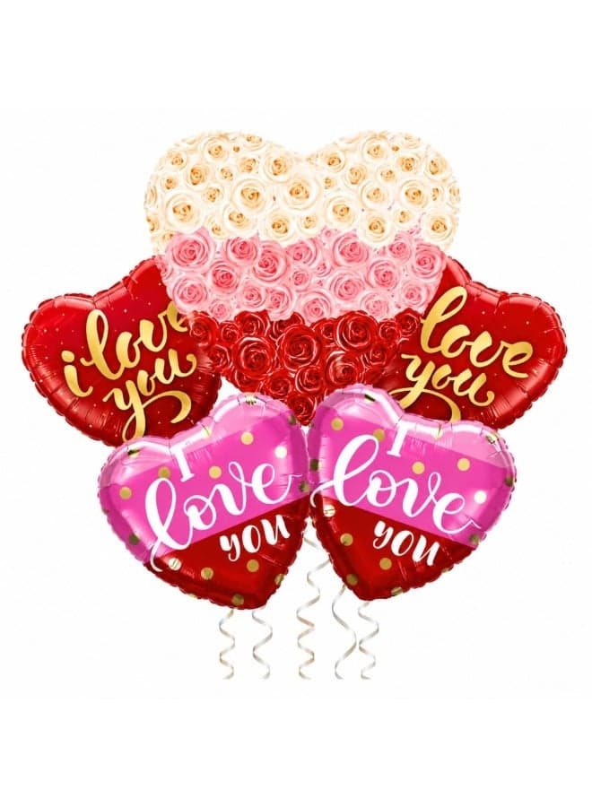 Romantic Heart Foil Balloon Bouquet Set 5 Pcs, Rose Petal Centerpiece with 4 I Love You Heart Balloons for Valentine’s Day, Anniversary & Romantic Party Decorations