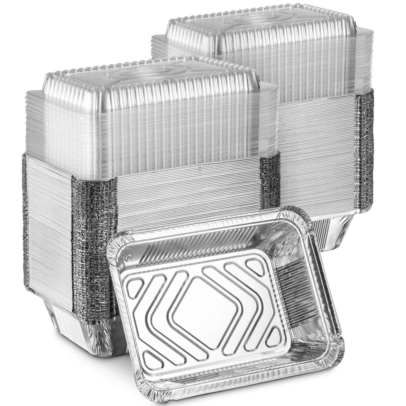 MontoPack Disposable Takeout Pans with Clear Lids 1lb Capacity Aluminum Foil Food Drip Containers with Strong Seal for Freshness Spill Resistance Earth EcoFriendly Recyclable 100Pack 5x4