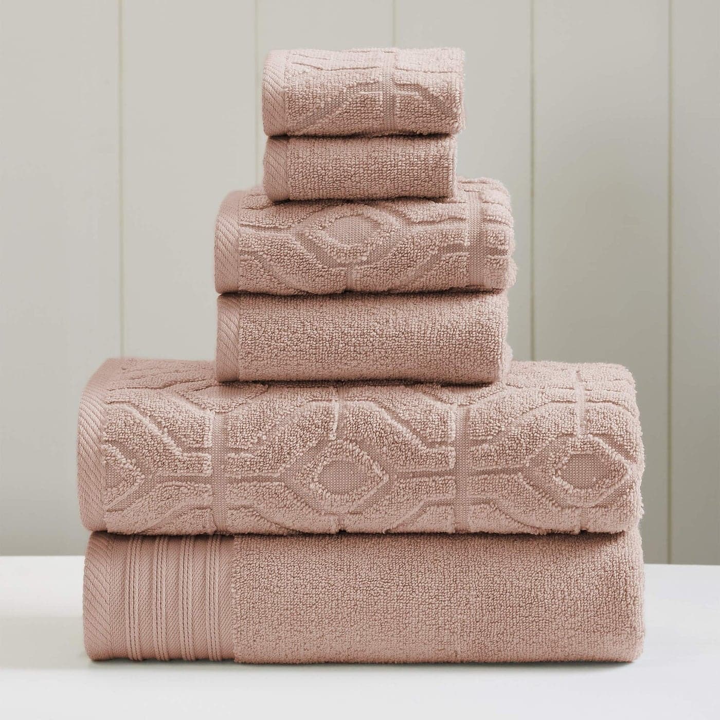 Modern Threads 6 Piece Set 2 Bath Towels 2 Hand Towels 2 Washcloths Yarn Dyed Diamond Gate Jacquard Towel Set Dusty Rose
