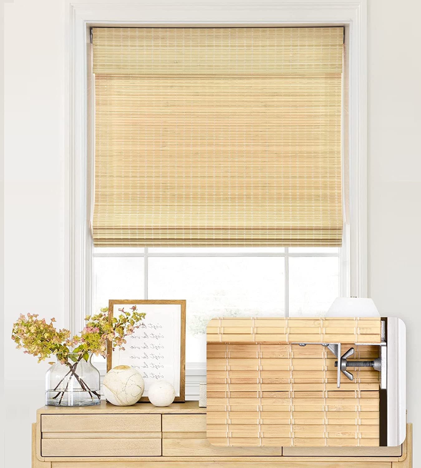 LazBlinds No Tools No Drill Cordless Bamboo Roman Shades Privacy Window Treatment Roll Up Bamboo Blinds for Windows 28 W x 64 H Natural