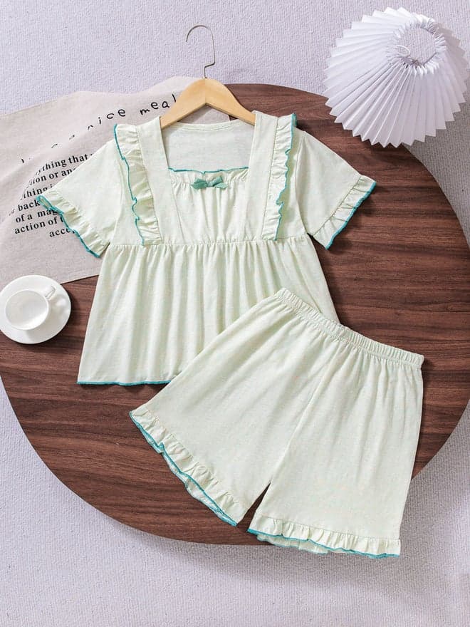 Girls Green Ruffle Trim Top And Shorts Pyjama Set