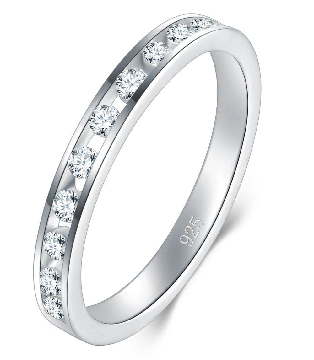 BORUO 925 Sterling Silver Cubic Zirconia Ring - Silver Eternity Band - Sterling Silver Rings For Women - Silver Wedding and Anniversary Band Women, 2mm Size 8