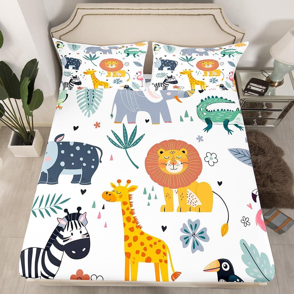 Feelyou Kids Zoo Animal Fitted Sheet Pillow Sham Queen Size Cute Wild Animals Fitted Sheet Cartoon Safari Wild Print Bedding Set for Boys Girls Child Bedroom Decor Exotic Natural Theme Bed Cover