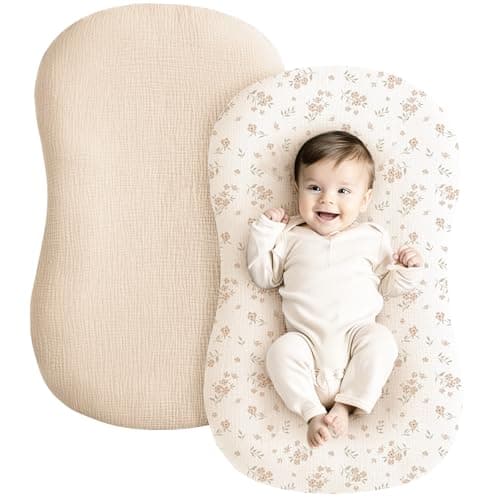 Konssy Muslin Baby Lounger Cover 2 Pack, 100% Cotton Newborn Lounger Cover, Soft and Breathable Baby Nest Slipcover for Boys Girls (Blossom,Pink)