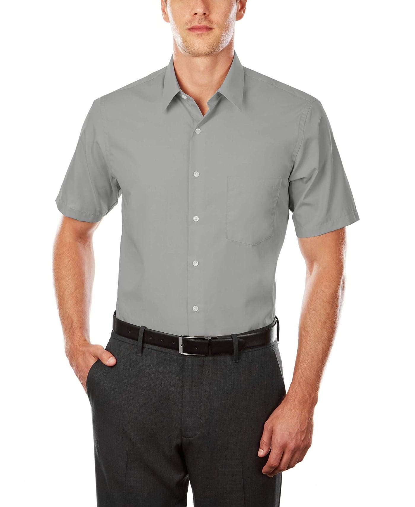 Van Heusen Men's Short Sleeve Dress Shirt Regular Fit Poplin Solid, Grey Stone, 18.5" Neck