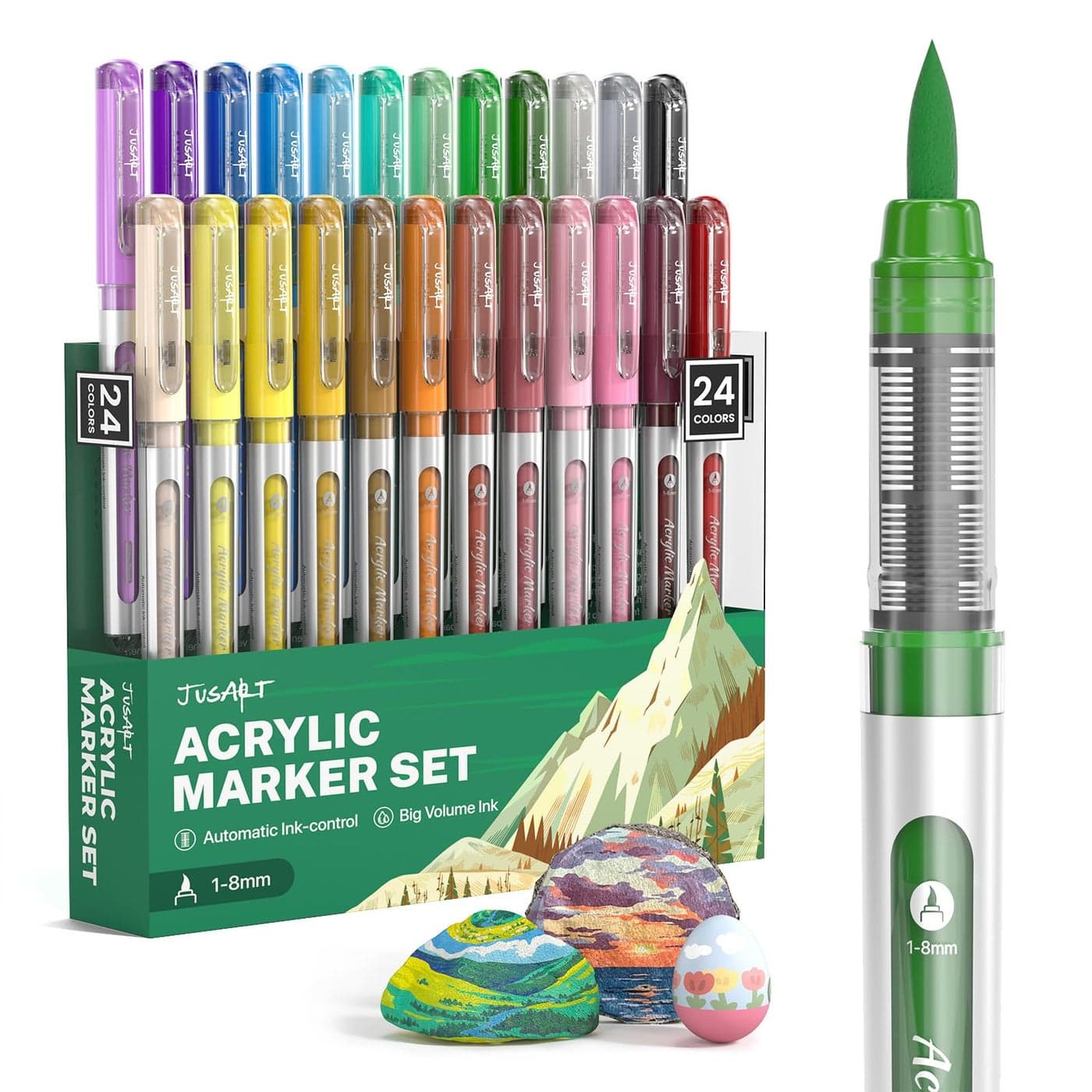 JusArt Acrylic Paint Markers Brush Tip 24 Colors WaterBased NoBleed Markers with Automatic Ink Control Waterproof Acrylic Paint Pens for DIY Art Crafts Fabric Rock Wood Glass Ceramic Metal