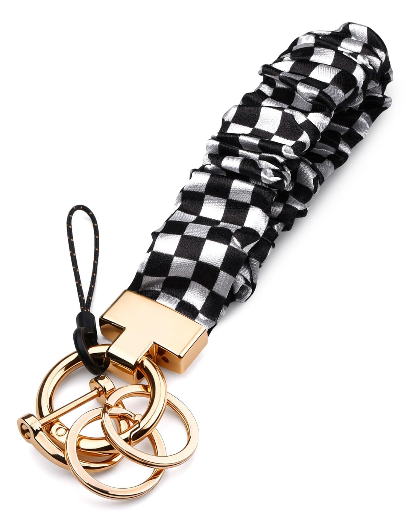 Handlein Black White Check Scrunchie Keychain Wristlet, Cute Stretch Key Chain for Women, Wrist Lanyard for Car Keys Wallet, Gym & Travel (Black White Check)