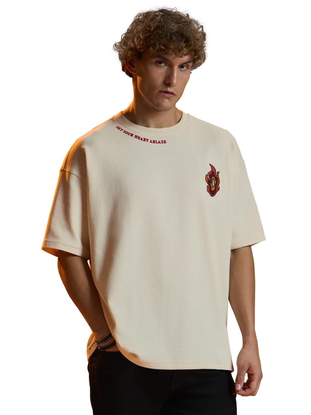 The Souled Store Demon Slayer: Rengoku Men and Boys Short Sleeves Round Neck Embroidered Cotton Comfortable Lightweight Casual Streetwear Oversized T-Shirt