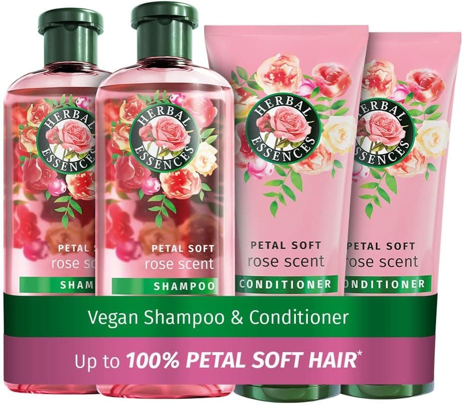 Herbal Essences Rose Scent Petal Soft Shampoo and Conditioner Set 2x350ml 2x250ml Nourishes Smoothens dry hair Blended with Rose Essence Natural Origin Ingredients Vegan Cruelty Free