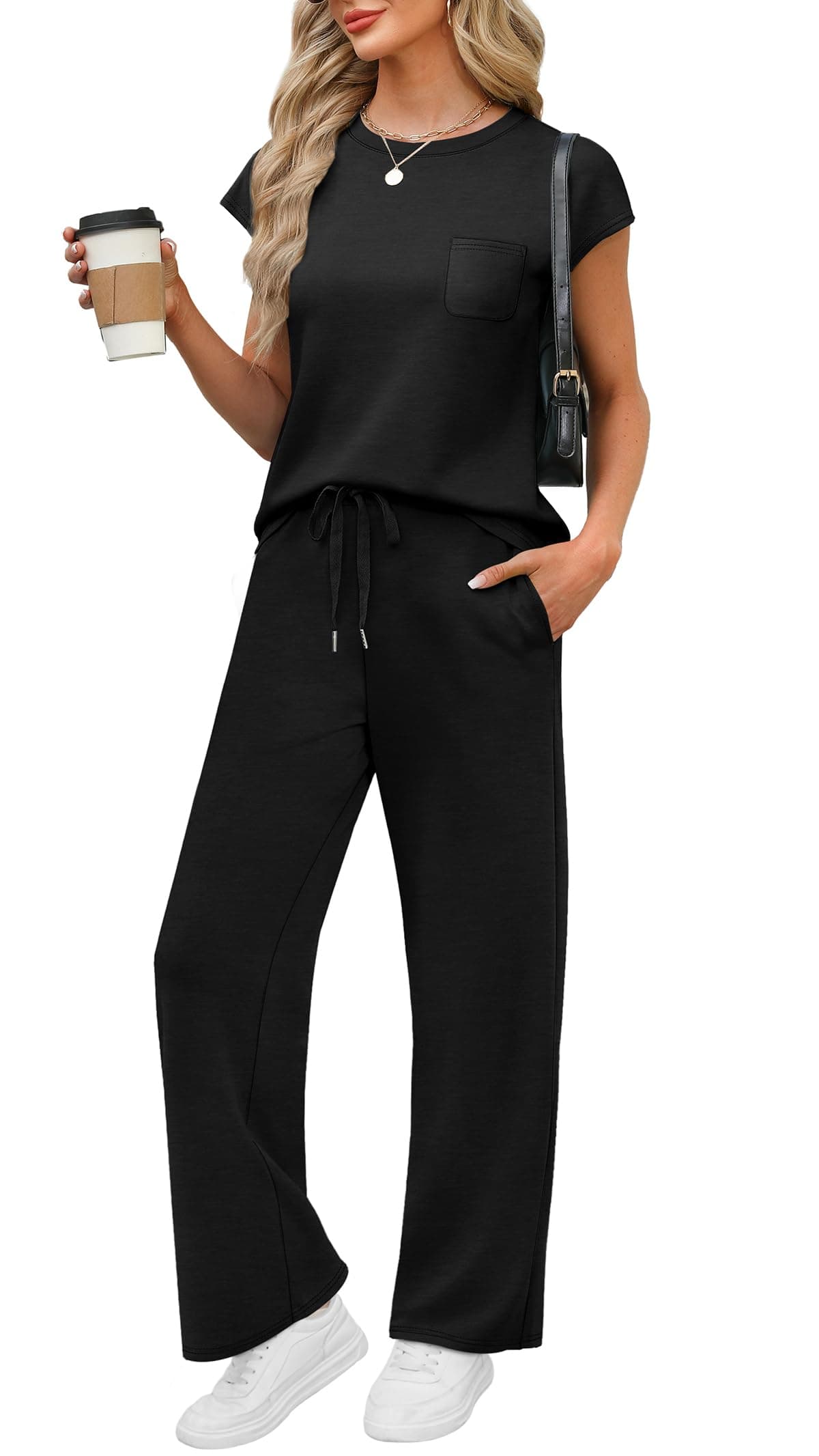 WIHOLL 2 Piece Sets for Women Summer Lounge Sets Country Concert Cruise Outfits Business Casual Teacher Cozy Matching Sets Women Clothing 2025 Fashion Wide Leg Pants Pajama Sets Spring Break Black L