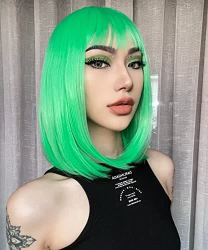 AISI BEAUTY Green Wig with Bangs Short Green Bob Wigs for Women 12 Inch Heat Resistant Synthetic Party Costume Cosplay Wig For Girls Wear