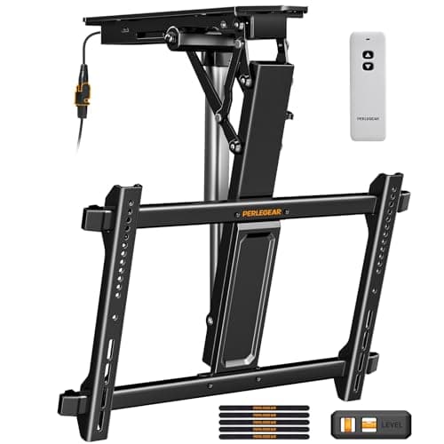 Perlegear Electric Ceiling TV Mount with Remote for 32-70 inch Flat and Curved Screen TVs up to 88 lbs, Max VESA 600x400, Motorized TV Ceiling Mount Flip Down for Flat Roof, Drop Down Ceiling Mount