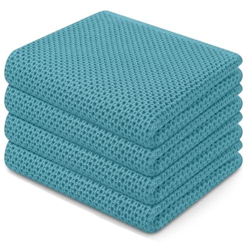 Homaxy 100% Cotton Waffle Weave Kitchen Dish Towels, Ultra Soft Absorbent Quick Drying Cleaning Towel, 13 x 28 Inches, 4-Pack, Lake Blue