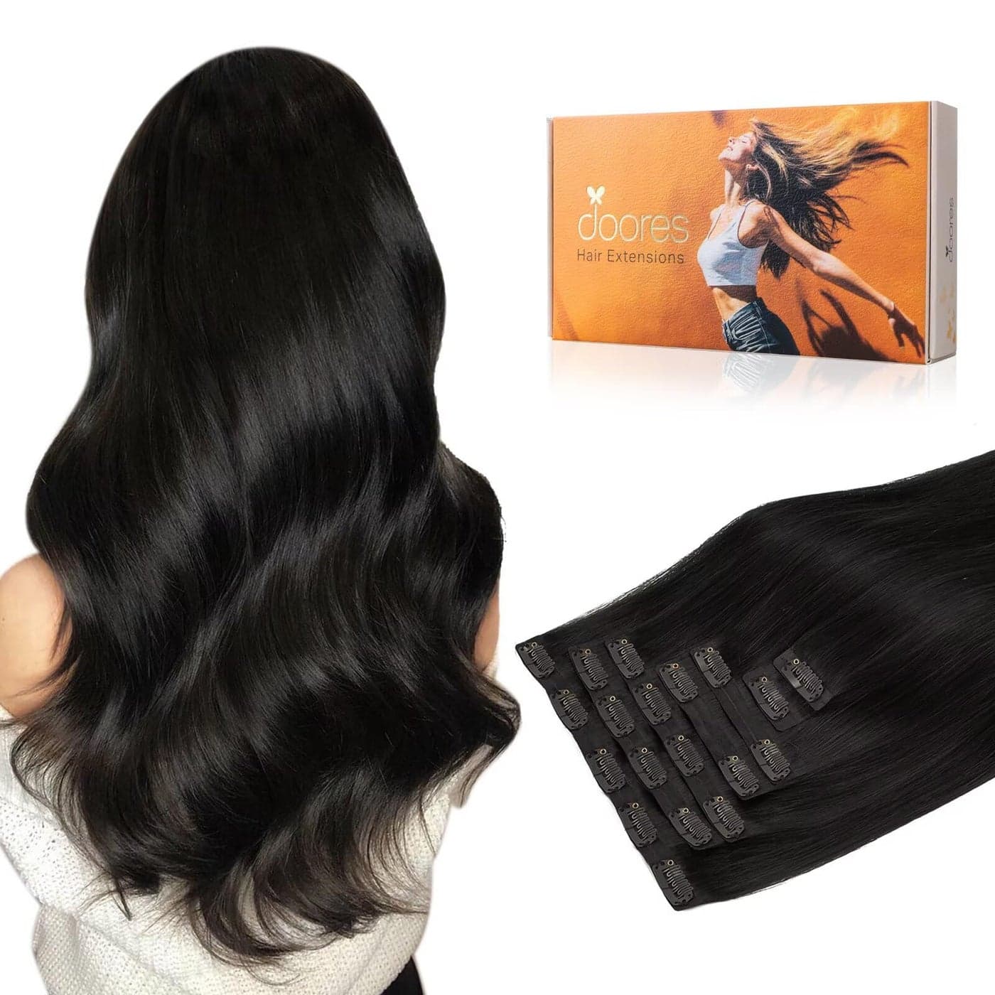 DOORES Clip in Hair Extensions Human Hair Natural Black 150g 7pcs 20 Inch Human Hair Extensions Invisible Edge Natural Weft