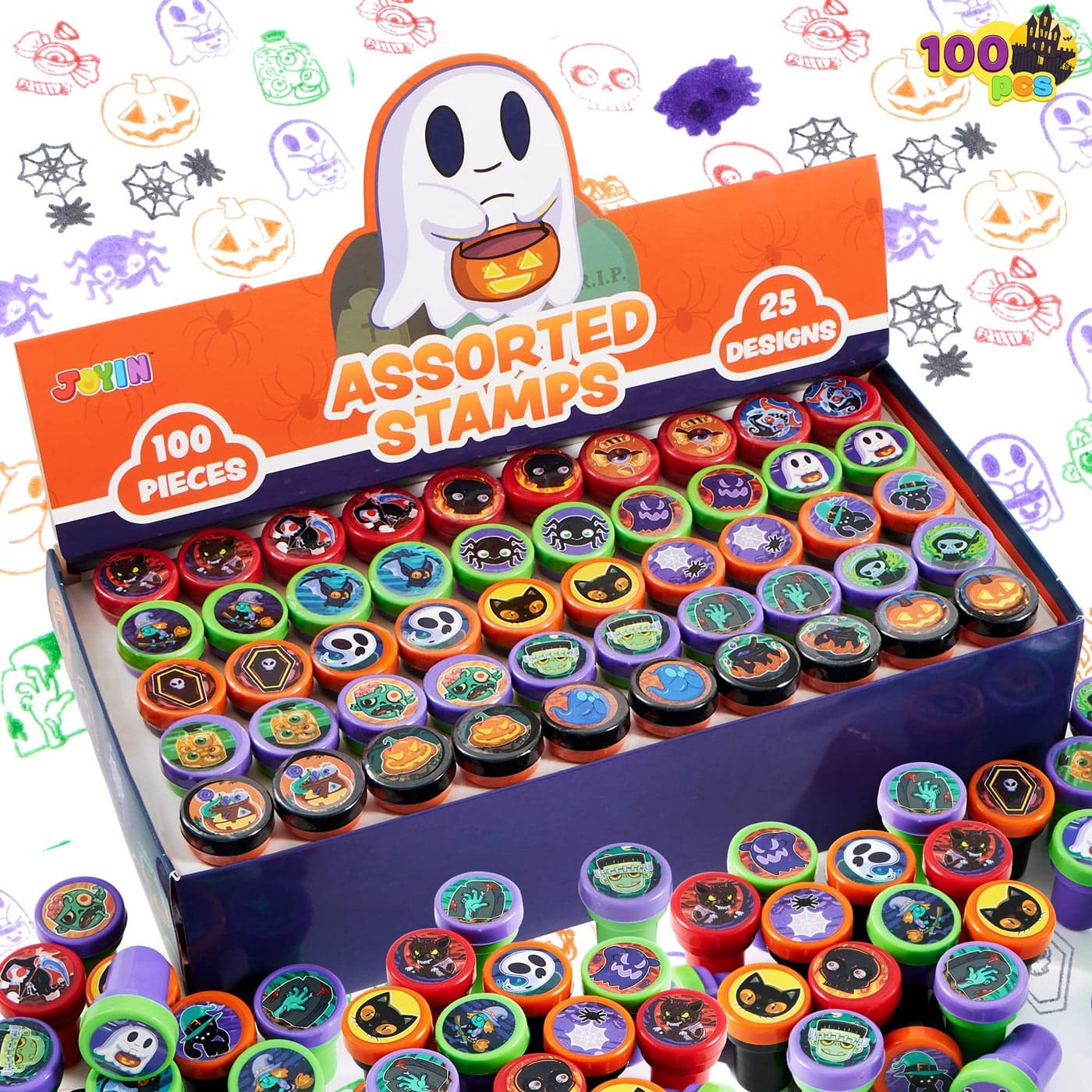 JOYIN 100 PCS Halloween Stamps for Kids Gift 25 Designs Assorted SelfInk Stamps Trick or Treat Party Favors Supplies Stampers Goodie Bag Stuffers School Carnival Game Prizes