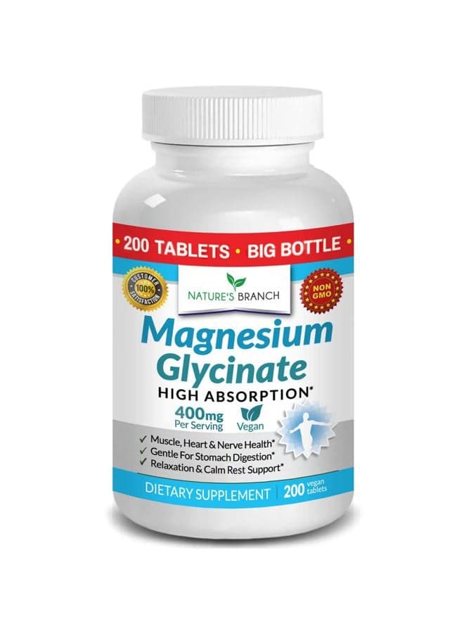 Magnesium Glycinate 400 mg - 200 Tablets - High Absorption, Non Buffered Bisglycinate Mag Supplement for Sleep, Leg Cramps, Heart, Ease Muscles, Calm Headaches for Women and Men, Non Powder Capsules