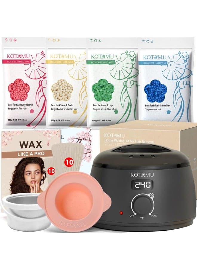 Wax Warmer Kit, Hair Removal Waxing Kit with 4 Hard Wax Beans Target for Bikini Brazilian Full Body Face Facial Eyebrows Legs Armpit, Painless At Home for Women and Men