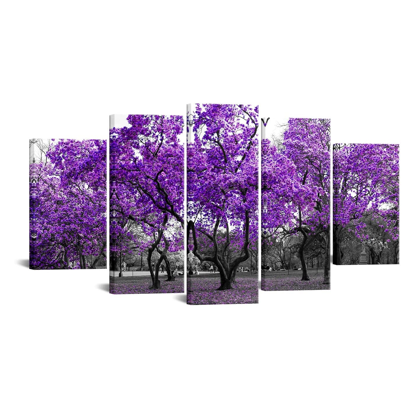 Large 5 Pieces Canvas Prints Purple Tree in a Surreal Black and White Forest Landscape Scene in Central Park New York City NYC Picutre Wall Art Giclee Artwork for Home Living Room Decor 60x32inch