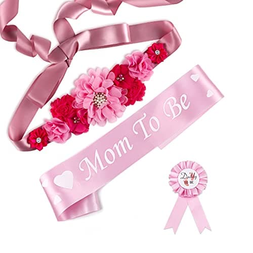 3Pcs Mom & Dad Baby Shower Set- Mom to Be Maternity Sash Pregnancy Baby Shower Flower Belly for Gender Reveal Pink Girl Baby Shower Decorations, Daddy to Be Corsage Pin Set