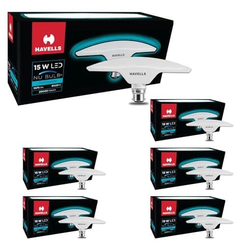 Havells T Shape Led NU Bulb 15W B22 Base|14% Wider Light Spread|100 Lumens Per Watt|Inbuilt 4.0Kv Surge Protection| 320 Degree Rotation For Multiple Applications (6500K,Cool Day Light) - Pack Of 6