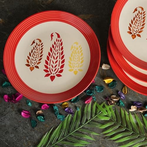 Caffeine Ceramic Handmade Stoneware Red Boota Quarter Plate 7” (Set of 4, Dishwasher & Microwave Safe)