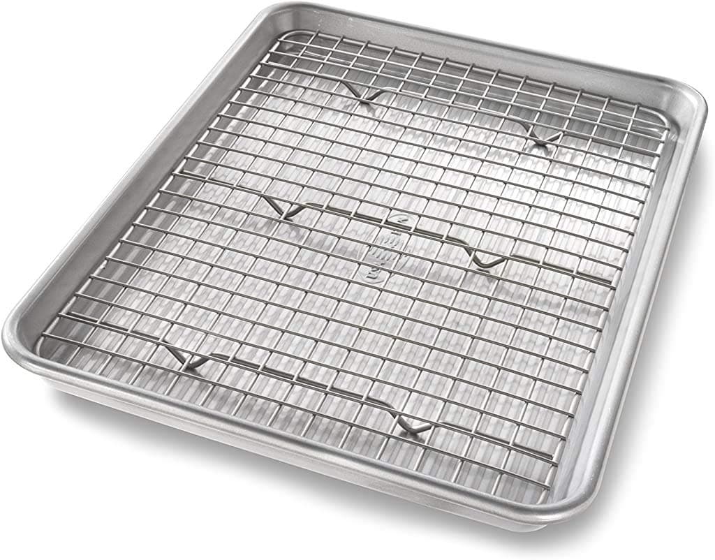USA Pan Bakeware Quarter Sheet Baking Pan and Bakeable Nonstick Cooling Rack Set Metal