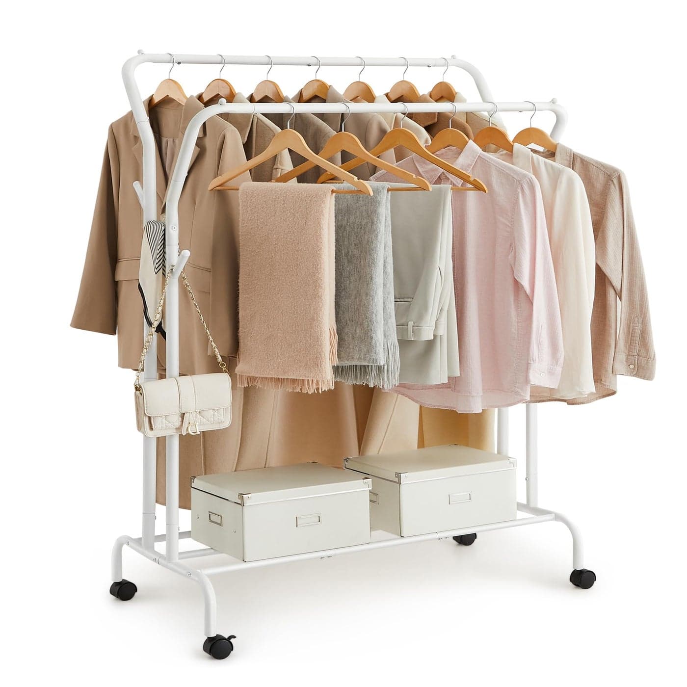 SONGMICS Clothes Rail Clothes Rack Double Clothes Hanging Rail HeavyDuty Metal Frame with Wheels and Shelf 100 kg Total Max Load 1035 cm Wide Clothing Storage White HSR107W01
